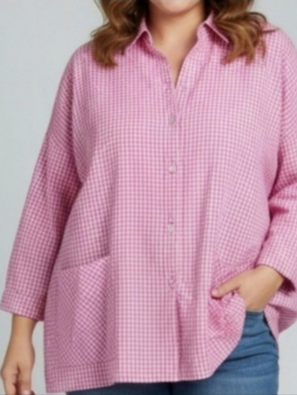 Christopher Calvin Gingham Button Up Top Textured Lagenlook Pink Coastal NWT
